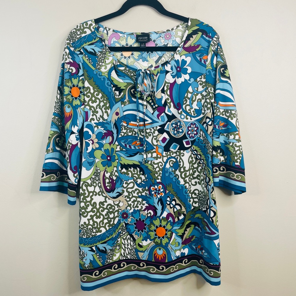 Nicole Miller Mod Floral Tunic Top Womens Large Maximalist Paisley Bright 70s